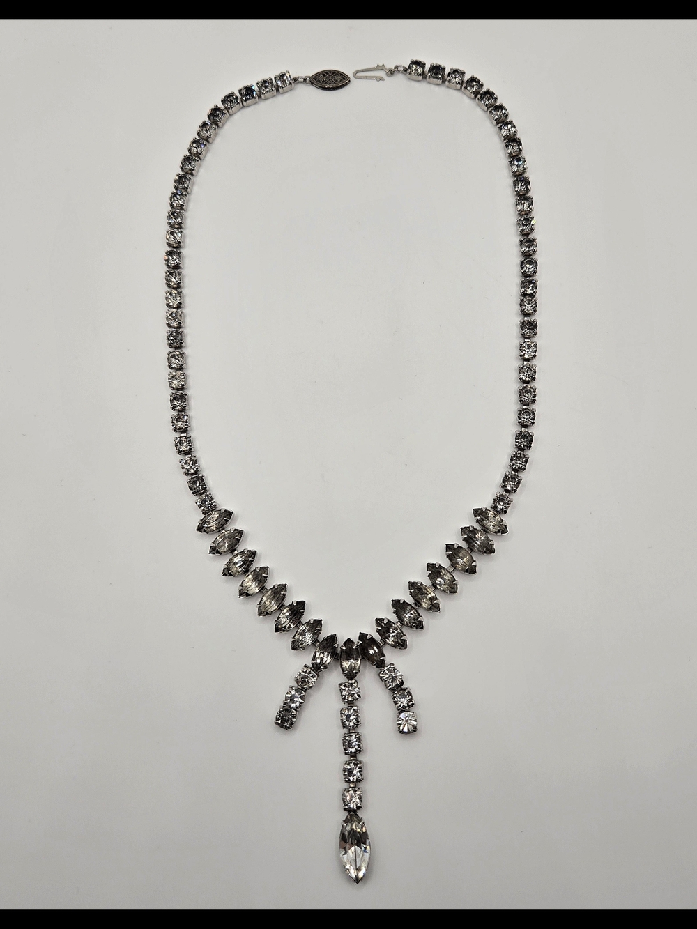 Vintage Rhinestone Drop Necklace – Mid-Century Silver Tone Statement Necklace